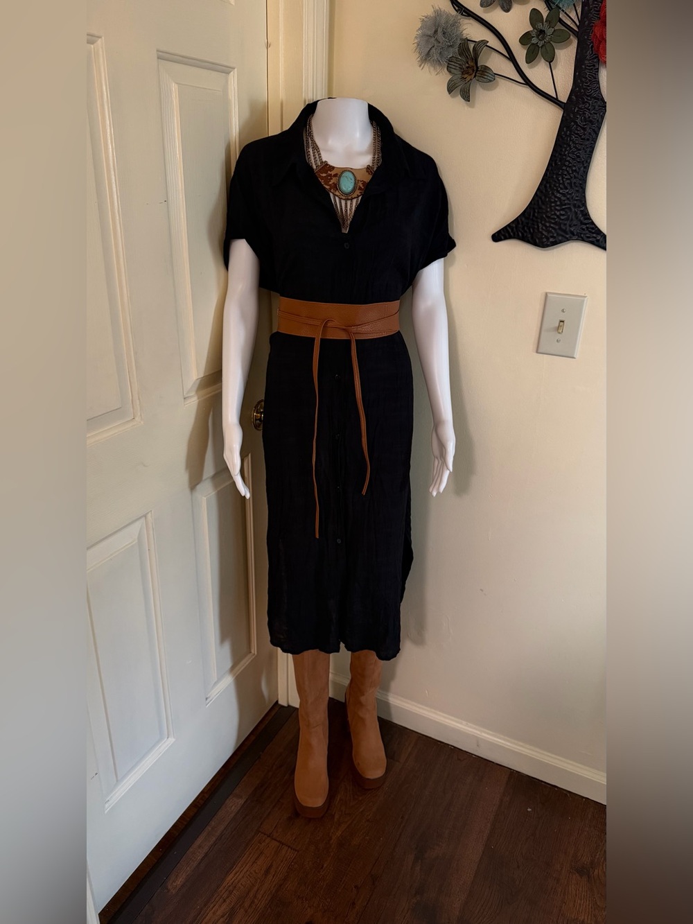 Semi sheer light weight Black Button-Front Midi Dress